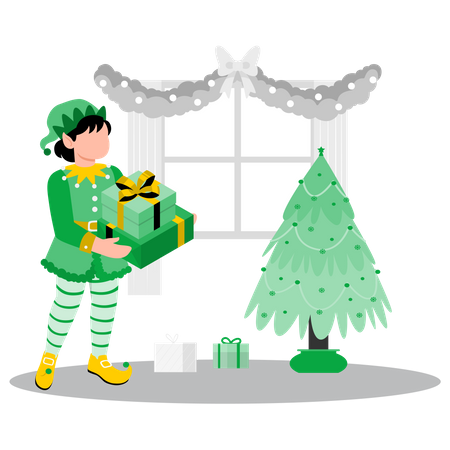 Little elf with christmas gift  Illustration