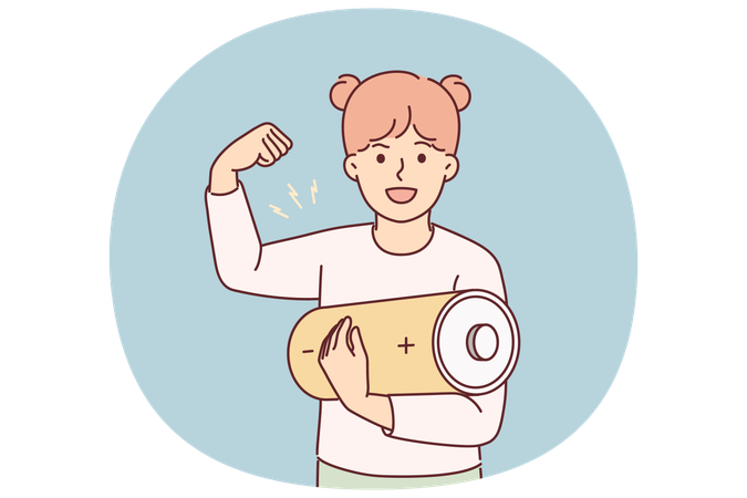 Little energetic teenage girl with giant battery symbolizing fast restoration strength in children  Illustration