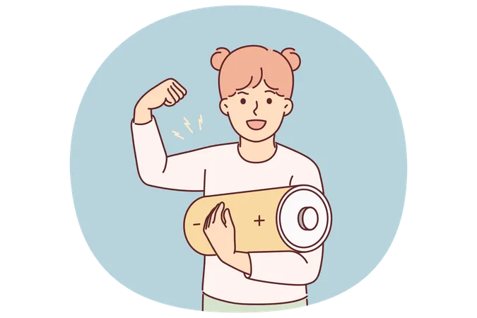 Little energetic teenage girl with giant battery symbolizing fast restoration strength in children  Illustration