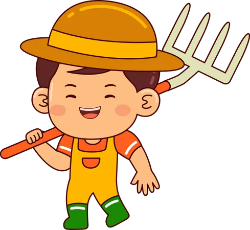 Little farmer boy holding rake  Illustration
