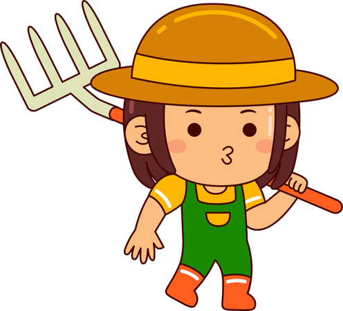 Little farmer girl holding rake  Illustration