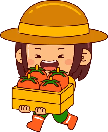Little farmer girl holding tomato basket  Illustration