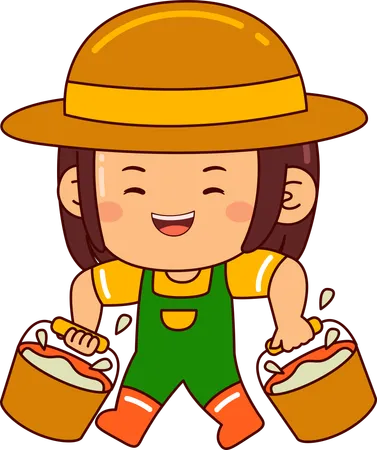 Little farmer girl holding water bucket  Illustration