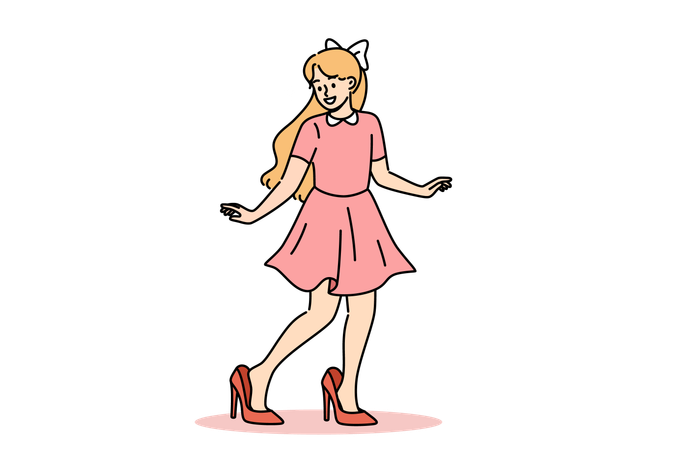 Little fashionista girl tries on mother shoes  Illustration