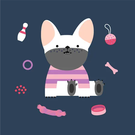 Little French bulldog puppy wearing a striped t-shirt sitting surrounded by its toys Illustration
