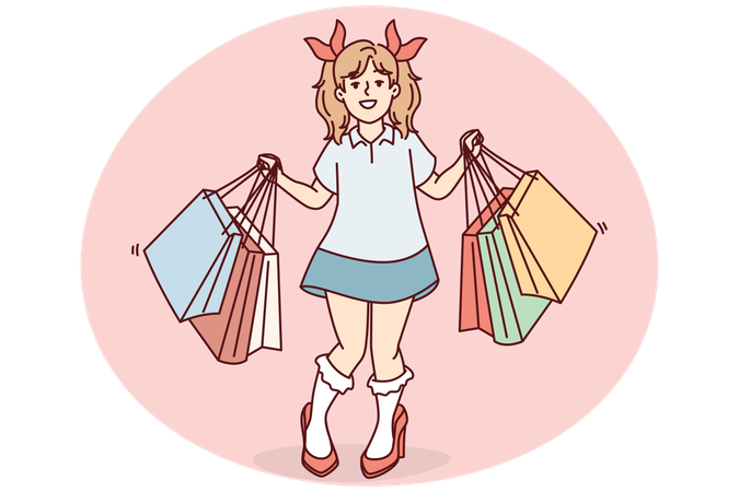 Little funny girl with shopping mall bags is standing in high heeled like at mother  Illustration