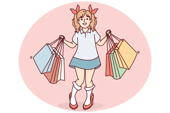 Little funny girl with shopping mall bags is standing in high heeled like at mother  Illustration