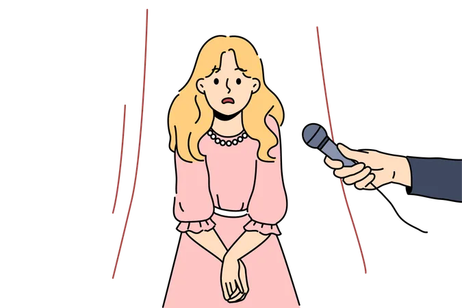Little girl afraid to speak in front of public while standing on stage near hands with microphone  Illustration