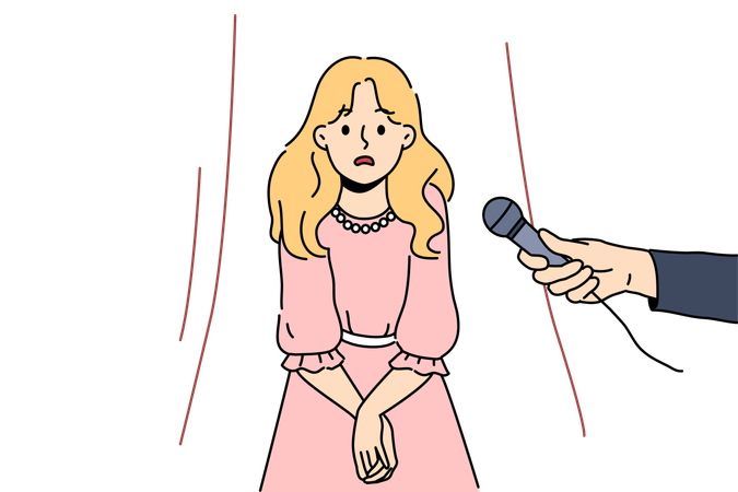 Little girl afraid to speak in front of public while standing on stage near hands with microphone  Illustration