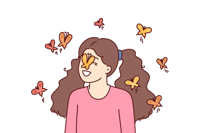 Little girl among butterflies flying and landing on face for spring mood  Illustration
