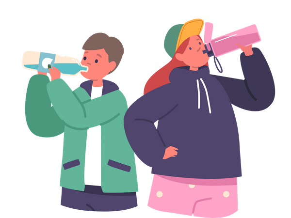 Little Girl and Boy Drinking Water  Illustration