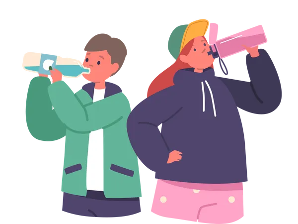 Little Girl and Boy Drinking Water  Illustration