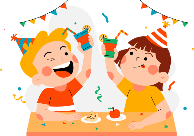 Little girl and boy enjoying birthday party  Illustration