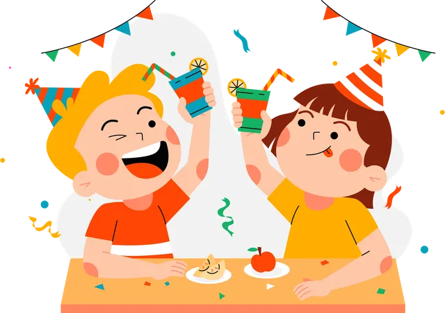 Little girl and boy enjoying birthday party  Illustration