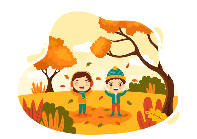 Little girl and boy enjoying falling season  Illustration