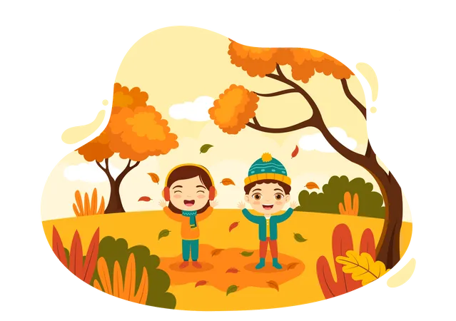 Little girl and boy enjoying falling season  Illustration