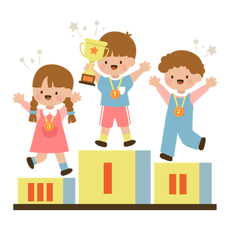 Little girl and boy holding gold trophy on podium  Illustration