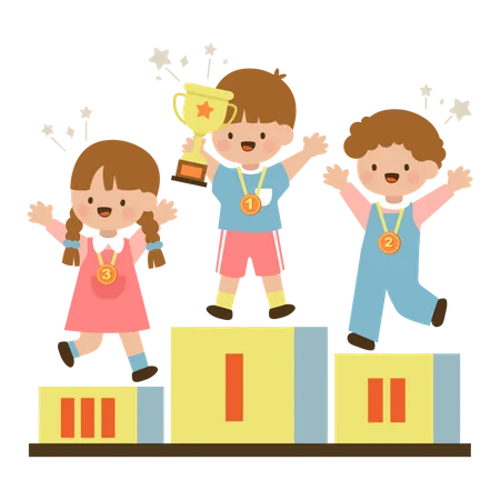 Little girl and boy holding gold trophy on podium  Illustration