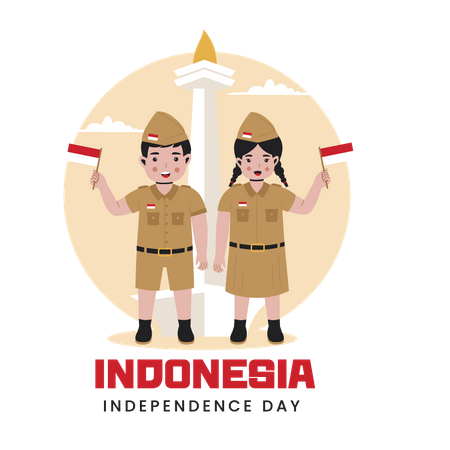 Little girl and boy holding indonesia flag  Illustration