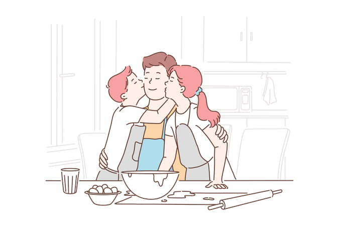 Little girl and boy kissing their father  イラスト