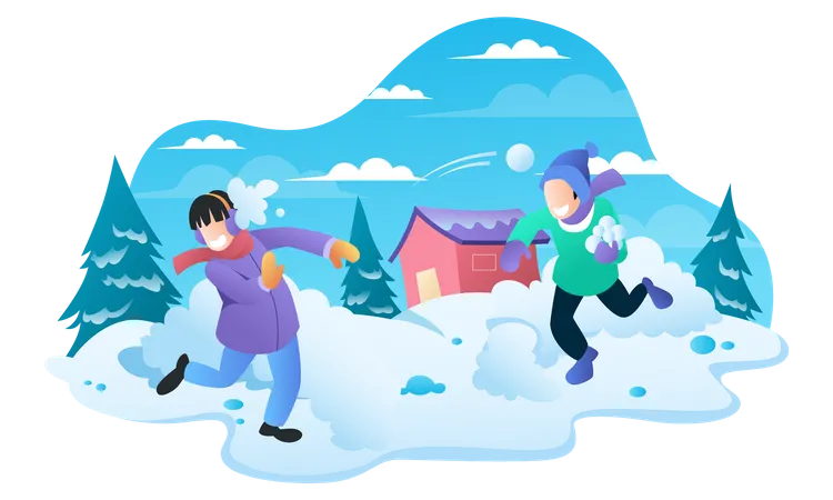 Little girl and boy playing with snowball  Illustration