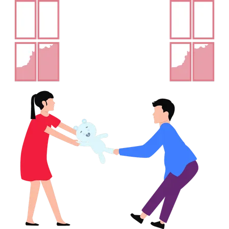 The Girl And The Boy Are Pulling The Teddy Bear Illustration