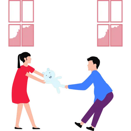 Little Girl And Boy Pulling Teddy Bear  Illustration