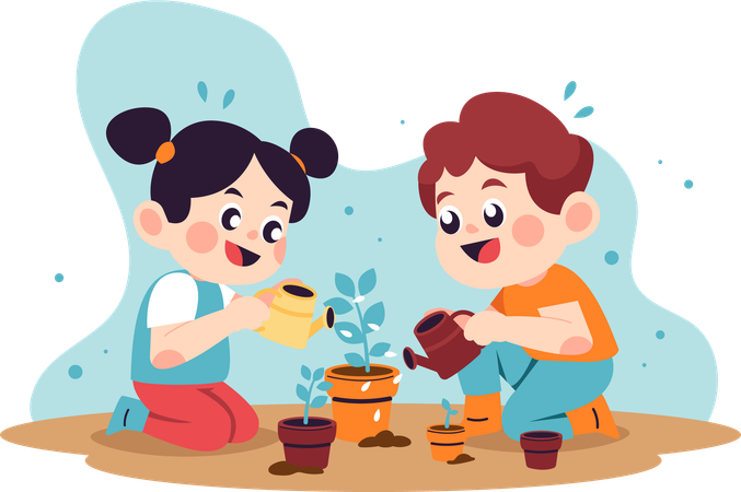 Little girl and boy watering plant  Illustration