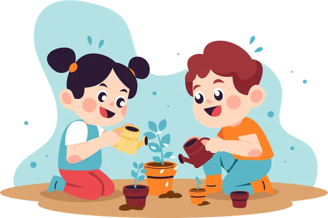 Little girl and boy watering plant  Illustration