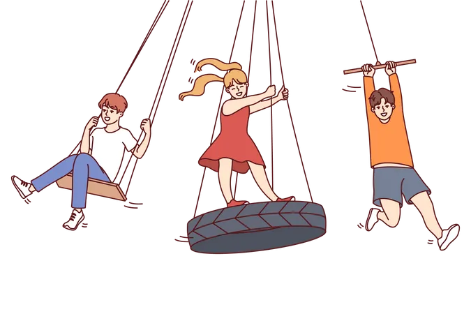 Little girl and boys enjoying swings  Illustration