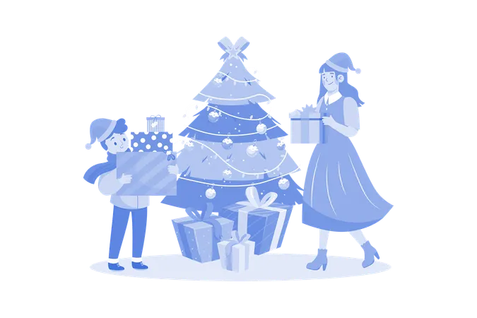 Little Girl And Mother Have Fun On The Christmas Celebration Illustration