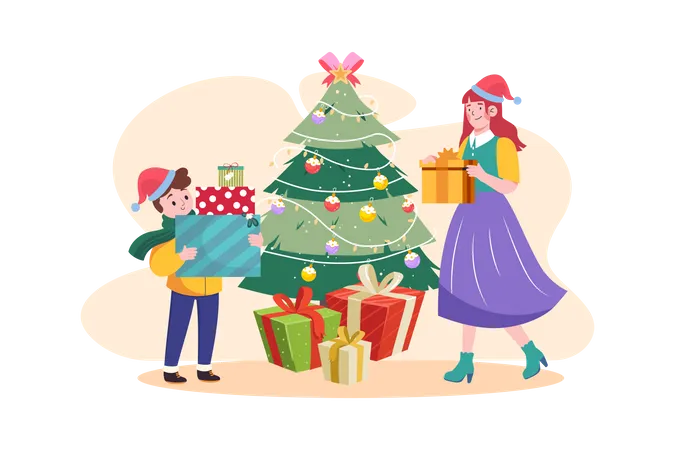 Little girl and mother have fun on Christmas celebration  Illustration