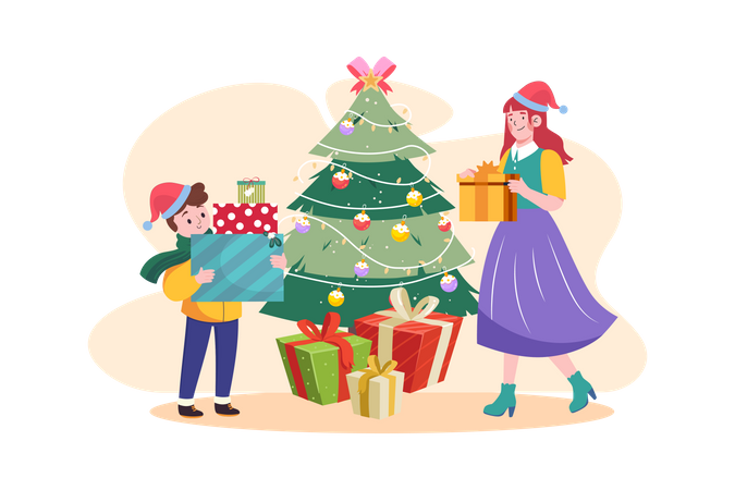 Little girl and mother have fun on Christmas celebration  Illustration