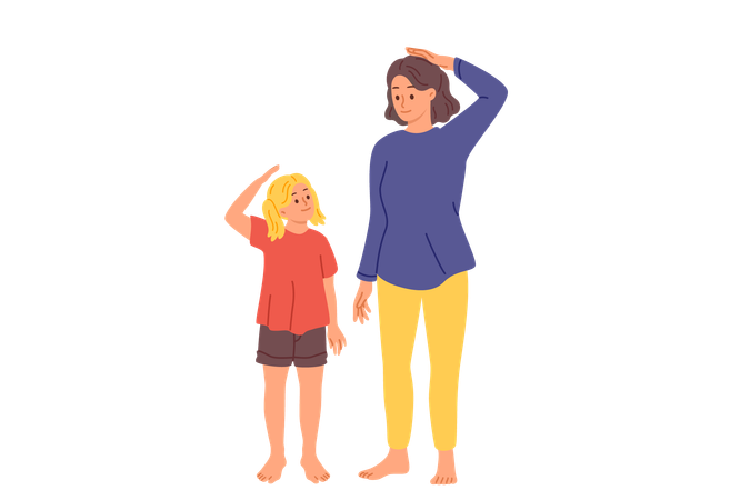 Little girl and mother measure own height standing near wall with marks in apartment  Illustration