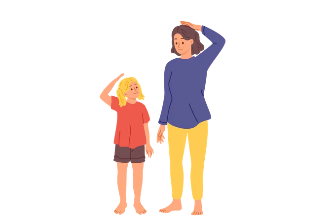 Little Girl And Mother Measure Own Height Standing Near Wall With Marks In Apartment Happy Child Teenager Is Proud That Continues To Grow And Wants To Surpass Mother Or Older Sister Illustration