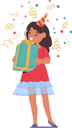 Little Girl Beams With Joy and Clutching Gift Box At Her Birthday Party  Illustration