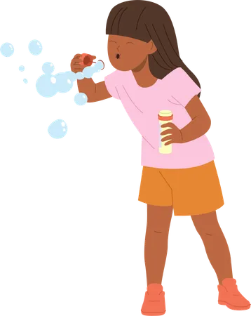 Little Girl Child Cartoon Character Blowing Soap Bubble Having Fun Outdoors Fooling Around On Foam Party Enjoying Playful Summer Activity Vector Illustration Isolated On White Birthday Concept Illustration