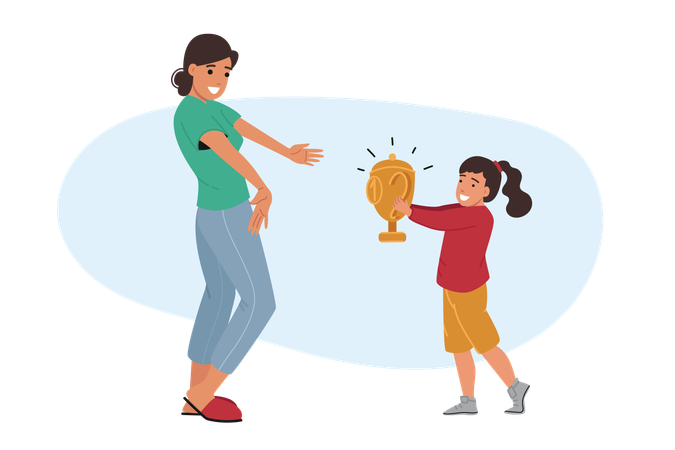 Little girl brings trophy to happy mother  Illustration