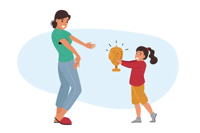 Little girl brings trophy to happy mother  Illustration