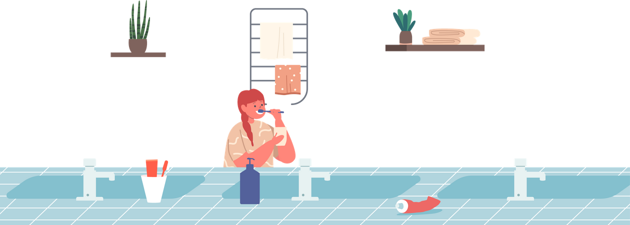 Little girl Brush Teeth in Bathroom  Illustration