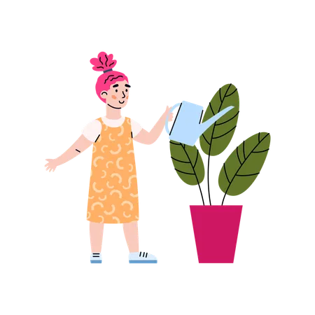 家事に忙しい小さな女の子が鉢植えの植物に水をあげている  イラスト