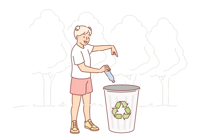 Little Girl Calls For Plastic Recycling By Throwing Bottle Into Bin With Eco Symbol Located In Park Problems Of Sustainable Development Or Stopping Environmental Pollution Through Waste Recycling Illustration