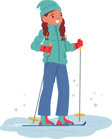 Little Girl Character Gracefully Glides Down Snow-covered Slopes  일러스트레이션