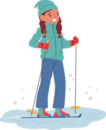 Little Girl Character Gracefully Glides Down Snow-covered Slopes  일러스트레이션