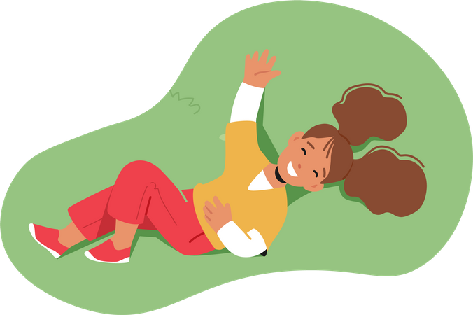 Little Girl Character Lying On Green Meadow  Illustration