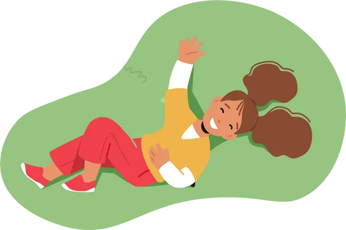 Little Girl Character Lying On Green Meadow  Illustration