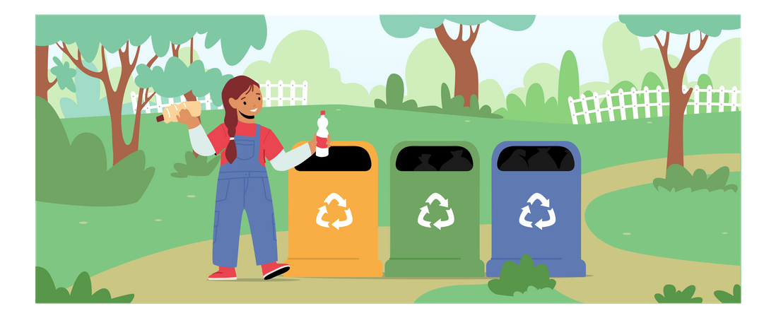 Little Girl Character Throw Trash Into Litter Bin Containers  Illustration