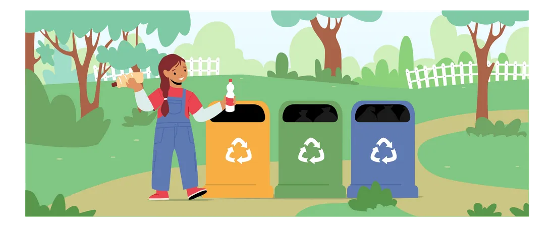 Little Girl Character Throw Trash Into Litter Bin Containers  Illustration