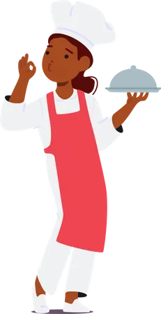 Young Aspiring Chef Girl Character Confidently Carries A Tray Showcasing Her Culinary Creations With Ok Gesture Embodying The Charm Of A Budding Kitchen Prodigy Cartoon People Vector Illustration Illustration