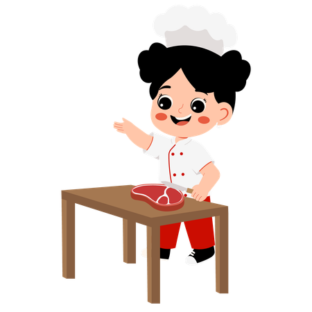 Little girl Chef cuts MEAT  Illustration